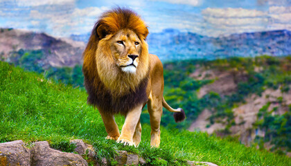 Strong and confident lion on a hill Lioness relaxing on the rock with blue sky in background African Lion Standing on Mossy Rock