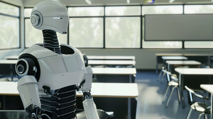 A white humanoid robot stands in an empty classroom, symbolizing the integration of robotics in modern education.