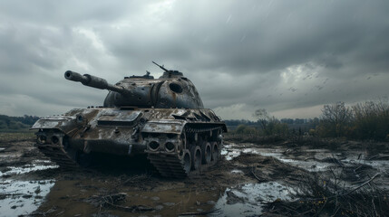 Fototapeta premium A rusted, abandoned tank stands in a muddy field under a cloudy sky, symbolizing the aftermath of war and nature’s reclamation.