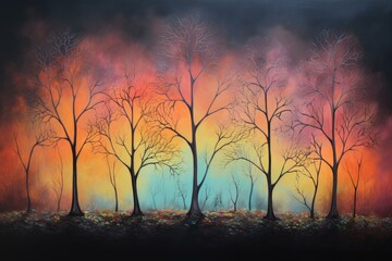 Artistic representation of a forest at sunset with vibrant orange and red colors
