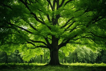 Enchanting view of a grand oak tree with a lush green canopy in a serene forest setting