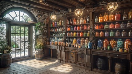 An interior shot of a rustic shop with a wooden floor and stone walls. A large window lets in natural light, illuminating the shelves filled with colorful glass jars.