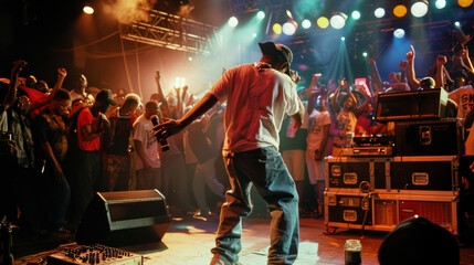 Obraz premium A performer energetically engages with the crowd during a vibrant live music concert, with colorful lights illuminating the scene.