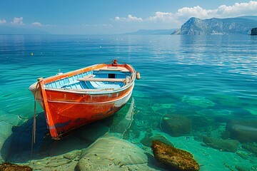 Serene Red Boat Floating on Crystal Clear Waters with Mountainous Backdrop
