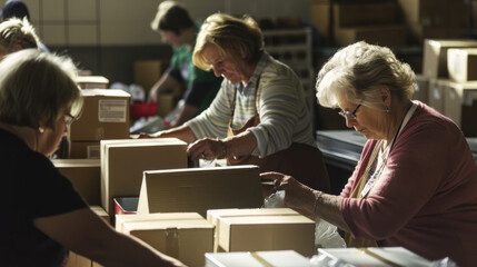 Elderly women diligently package items in a warehouse, showcasing dedication and teamwork in a fulfilling work environment.