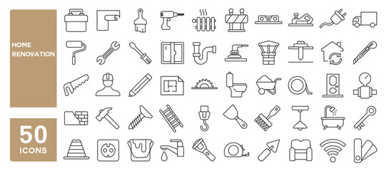 Set of 50 line icons related to home renovation, house repair, improvement, interior design, decoration, tools, carpentry, bathroom, Editable stroke. Vector illustration