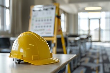 Safety Training Session in Progress with Yellow Hard Hat on Table