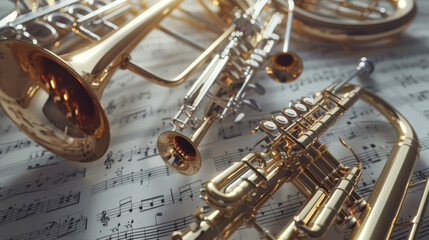 Obraz premium An elegant array of brass instruments lying atop sheet music, bathed in soft light, evoking a sense of musical heritage and craftsmanship.
