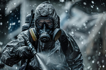 Fototapeta premium A man in a hazmat suit is spraying water on a building