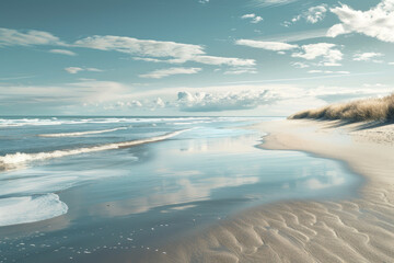 A beach with a calm ocean and a cloudy sky