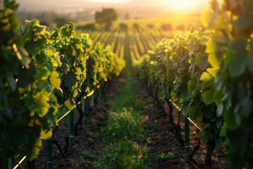 Naklejka premium A vineyard with rows of green vines and a sun shining on them