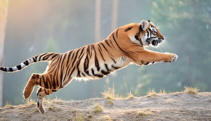 Bengal tiger jumping. Bengal tigers are one of the biggest subspecies of cats roaming the Earth today. The majority of these tigers sport yellow to light orange coats with brown to black stripes.