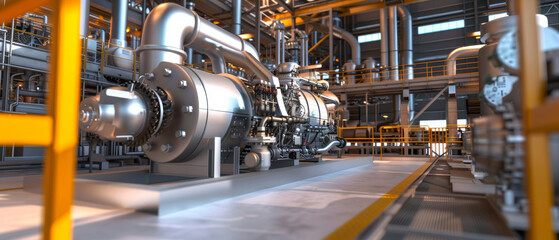 Interior of a modern industrial facility with large, intricate machinery and bright, efficient lighting that highlights the advanced engineering and meticulous organization.