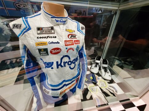 Daytona Beach, Florida, U.S - November 18, 2023 - The white and blue Nascar race suit worn by Ricky Stenhouse Jr on display