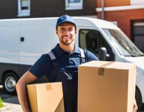 delivery guy with two large carton boxes in front of a delivery van online shopping
