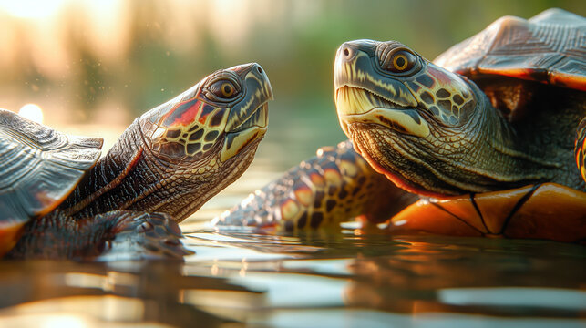 Two Turtles Swimming in a Pond