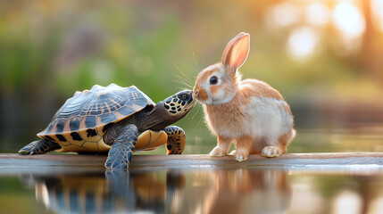 Turtle and Rabbit  - A Friendly Encounter by the Pond