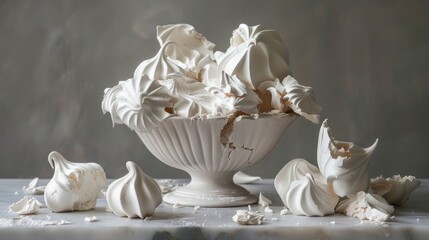 French meringue spilled from vase with gray background showing both whole and broken pieces