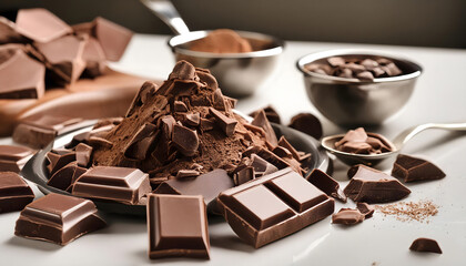 chocolate, food, sweet, brown, new, closeup, powder, pieces, piece, cafe, dessert, dark, coffee, candy, cocoa, delicious, black, ingredient, isolated, white, gourmet, broken, bar, milk, with, on, 3d, 