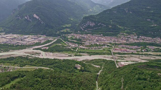 Aerial view of Longarone and Piave River, Veneto, Italy