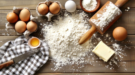 Various baking ingredients, including eggs, butter, flour, and rolling pin, arranged on wooden table. checked cloth and kitchen utensils complete scene, suggesting preparation for baking.