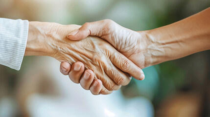 Hands of an elderly person and a young person shaking, symbolizing connection and generational bond.