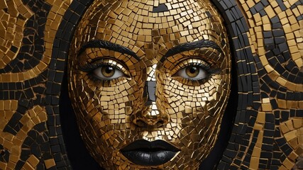 A striking portrait of a face made of gold mosaic tiles, featuring intricate details and reflective textures.