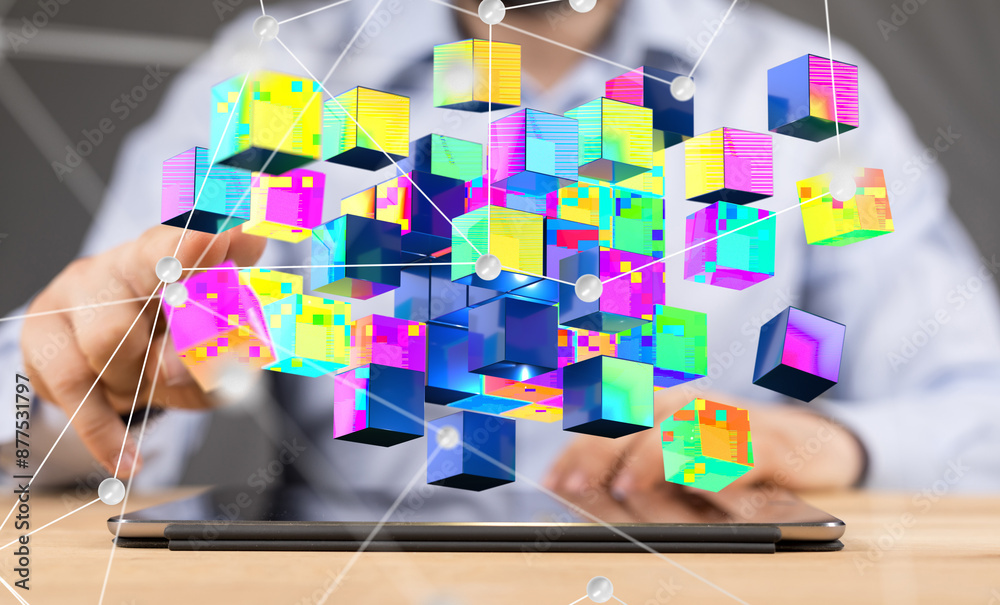 Poster world neural network 3d illustration. big data and cybersecurity