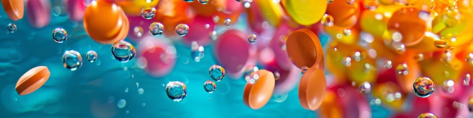 Vibrant candy tablets floating amidst water droplets, creating a dynamic and colorful scene