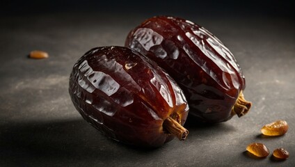 A close-up shot of two fresh medjool dates with a glossy surface, displayed on a dark background...
