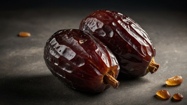 A close-up shot of two fresh medjool dates with a glossy surface, displayed on a dark background with some date pieces.