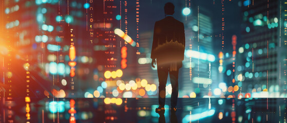 Silhouetted against a cityscape bursting with digital data, a person gazes forward, embodying the convergence of technology and modern urban life.