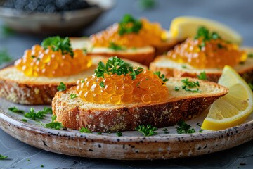 A plate of caviar on buttered toast, garnished with lemon wedges and fresh parsley. 
