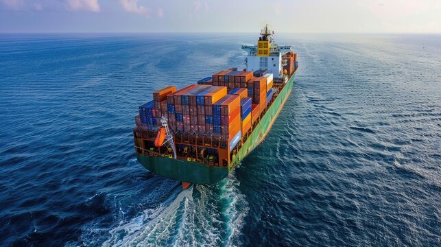 Container ship sailing in the ocean, top view, showcasing international shipping routes, logistics industry