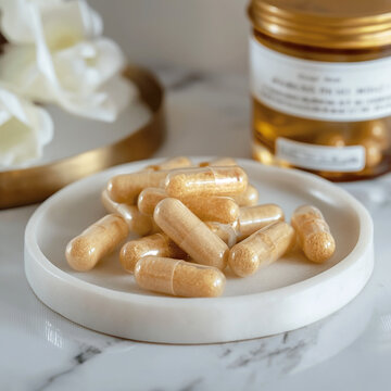 Frasco con capsulas faciales de jalea real y vitamina E, tratamiento para la hidratar la piel 