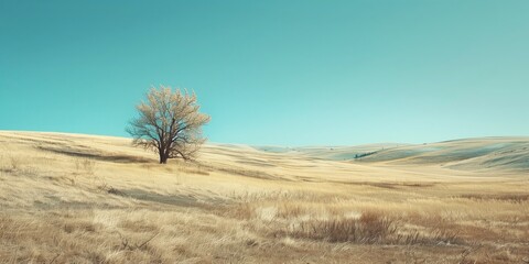 Landscape photo of rolling hills with a blue sky and dry grasses, capturing the serene beauty of nature.
