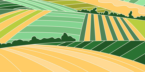 Abstract agriculture field or farm card banner. Vineyard valley pattern, countryside landscape, eco horizontal panorama template. Green nature organic background © Lidiia Shapoval