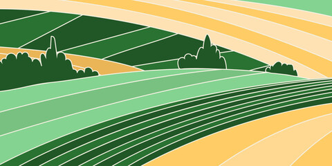 Abstract agriculture field or farm card banner. Vineyard valley pattern, countryside landscape, eco horizontal panorama template. Green nature organic background © Lidiia Shapoval