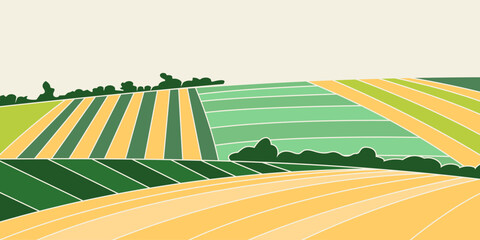 Abstract agriculture field or farm card banner. Vineyard valley pattern, countryside landscape, eco horizontal panorama template. Green nature organic background © Lidiia Shapoval