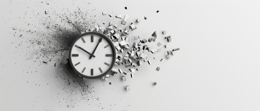 A traditional clock exploding into fragments against a white background, conveying the concept of time and its fleeting, destructive nature.