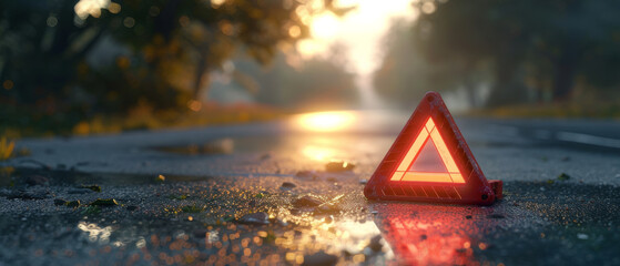 A close-up of a red roadside warning triangle reflecting early morning light on a wet and glistening road, surrounded by autumn foliage.