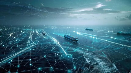Digital map overlay on ocean showing shipping routes and container ships, futuristic style, network, global commerce