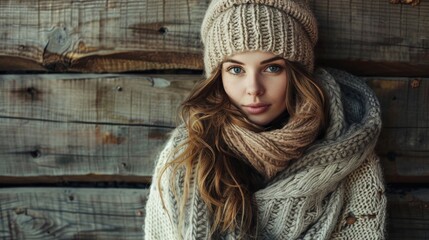 Old fashioned picture of woman with woolen accessories on wooden surface with space for text