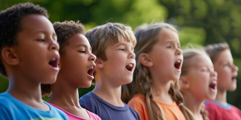 Group of diverse boys and girls singing together at choir rehearsal. Children choir performing in a kindergarten. Encouraging creativity in small kids.