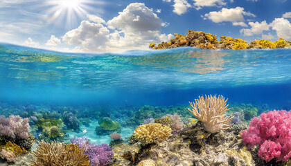 Above and below surface of the Caribbean sea with coral reef underwater and a cloudy blue sky.