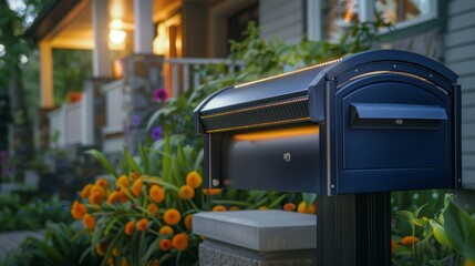 A modern, blue mailbox with an illuminated flag stands in front of a suburban home at dusk. The mailbox is mounted on a post and surrounded by green foliage.