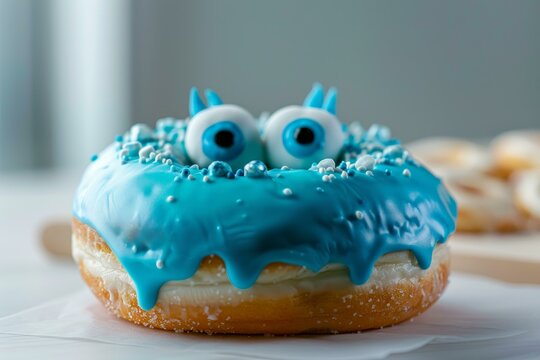 Delicious blue donut decorated with horns and candy eyeballs sitting on parchment paper