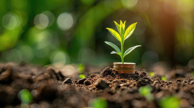 Green finance concept with a plant sprouting from savings coins, representing the growth of sustainable investments, [plant growing in savings coins], [eco-friendly investment]