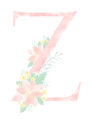 Floral watercolor painting decorative initial alphabet monogram design with flowers, and leaves in elegant capital word letter z