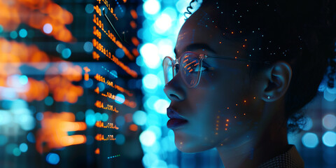 Software developer illuminated by the glow of multiple monitors, deep in focus, with lines of code reflected in their glasses.